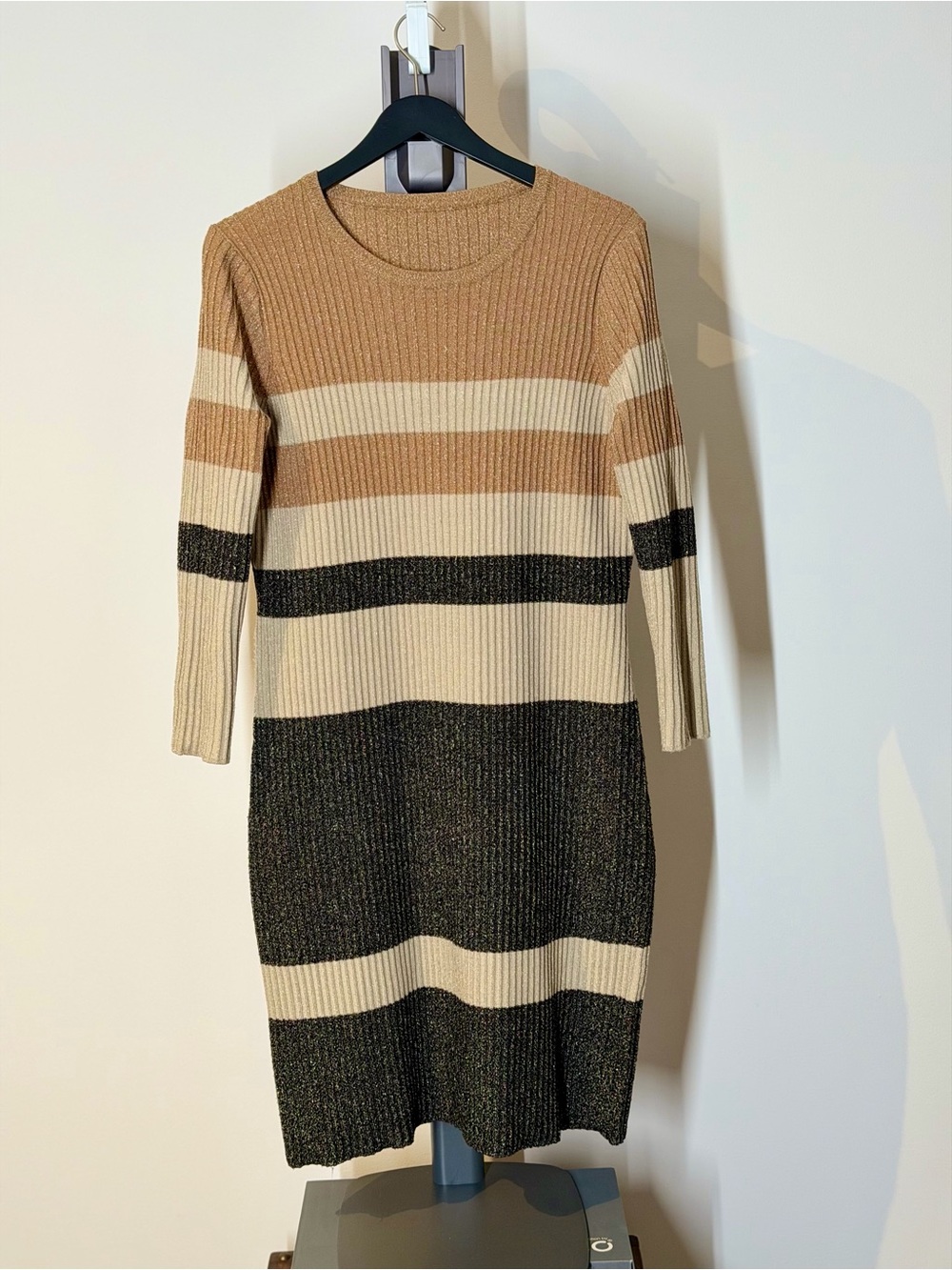 Striped Rib-Knit Sweater Dress in Tan, Cream & Black